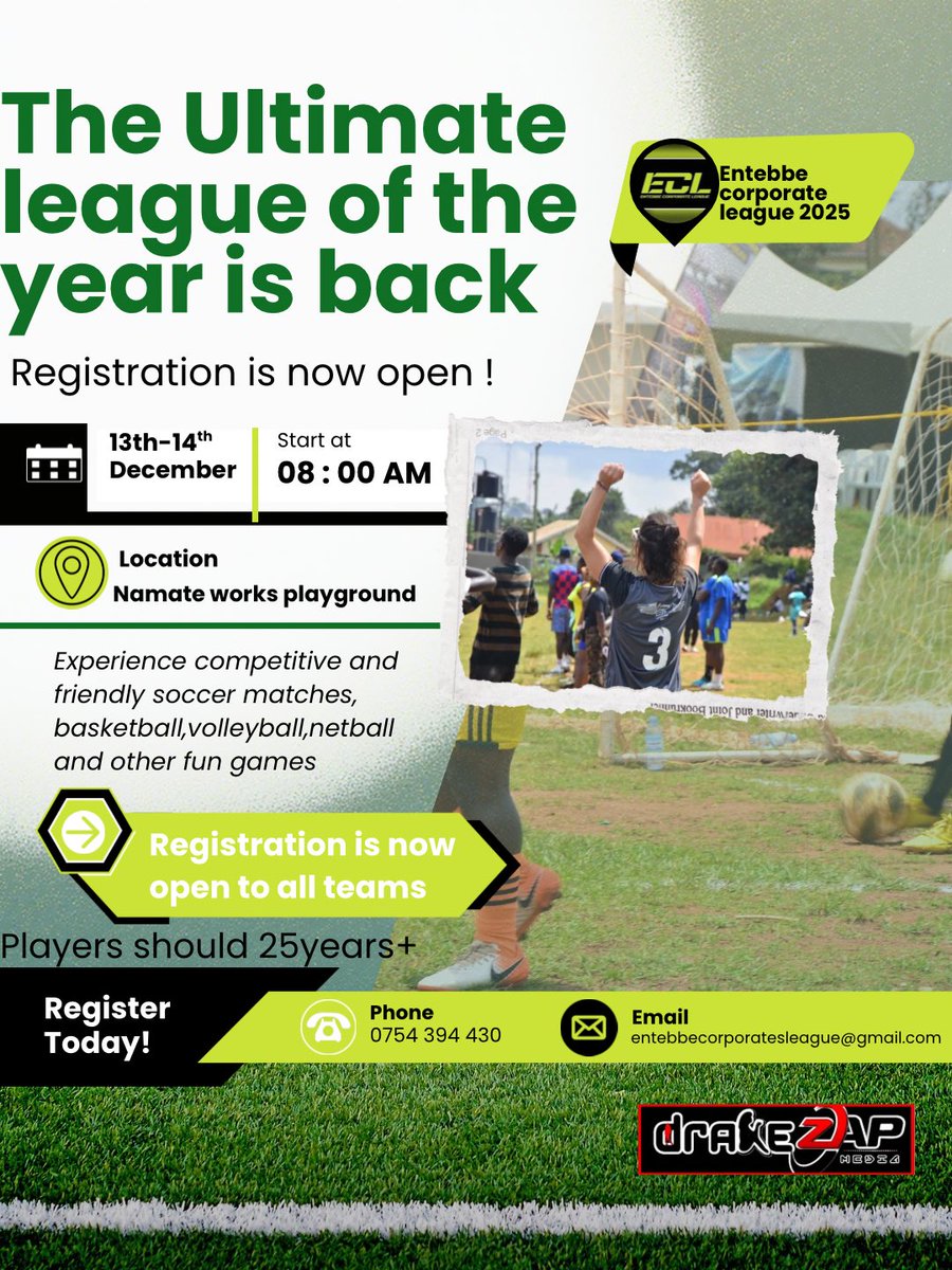 EntebbeCL's tweet photo. Entebbe corporate league 2025 is here and all teams are welcome to register and participate in the league #entebbecorporateleague2025 https://t.co/Q130yIzXUk