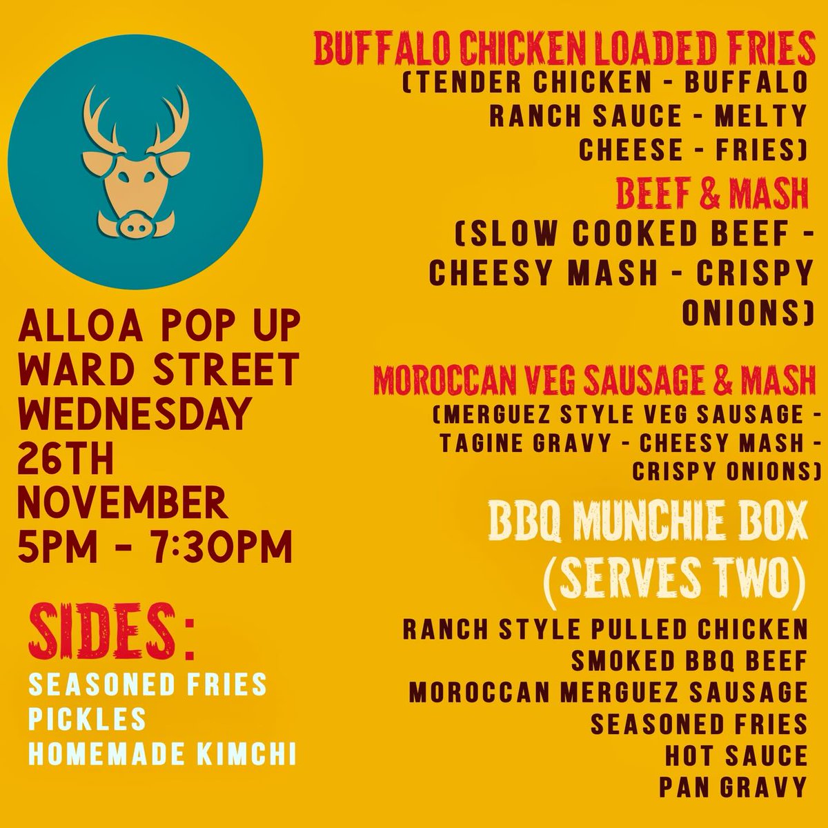 Clacksfirst's tweet photo. @BitesHog - Alloa Pop Up…
26th November
5pm-7:30pm
Prices
Chicken £9
Beef £8
Veg Sausage £8
Munchie Box £18
Taking preorders now via Instagram, Facebook Messenger or via text or WhatsApp. Just let them know your order and time slot, and they'll sort the rest… https://t.co/TRNfzaLKVf