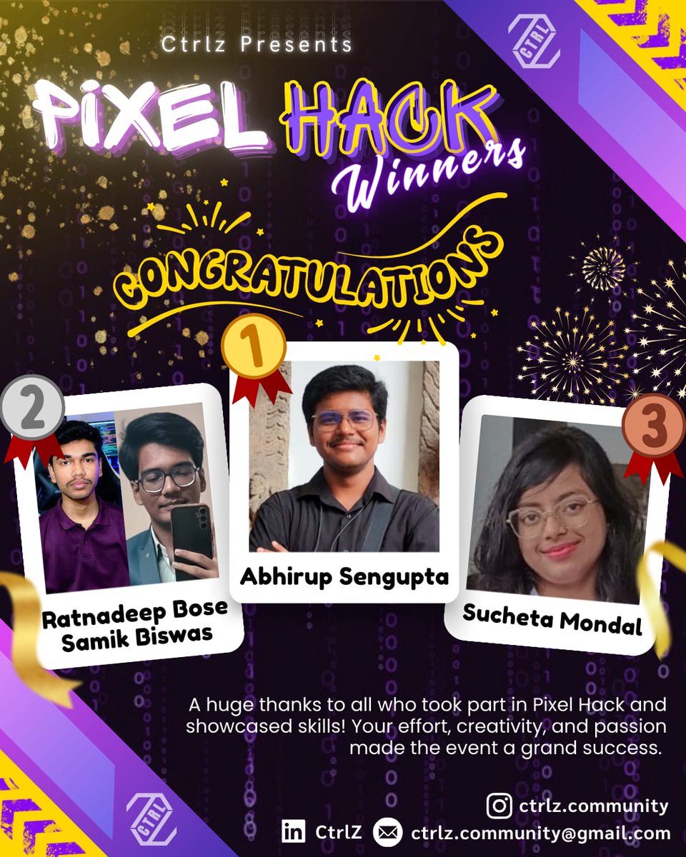 ctrlz1234's tweet photo. 🎉 Pixel Hack — Winners Announced! 🎉

Huge thanks to everyone who showcased their frontend skills! 🙌💻

🏆 Winners
🥇 Abhirup Sengupta
🥈 Ratnadeep Bose &amp; Samik Biswas
🥉 Sucheta Mondal

Certificates will be sent soon.
Thanks for making Pixel Hack unforgettable! 💫 https://t.co/t9DFz287ki