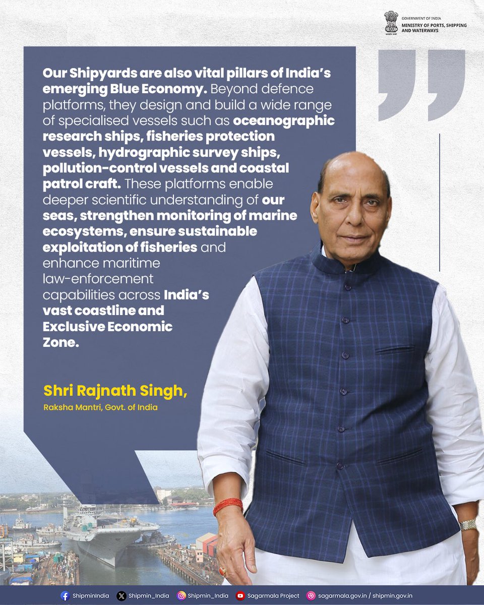 shipmin_india's tweet image. India’s shipyards are key drivers of the nation’s Blue Economy, delivering far more than defence platforms. They design and build specialised vessels, oceanographic research ships, fisheries protection vessels, hydrographic survey ships, pollution-control vessels and coastal…