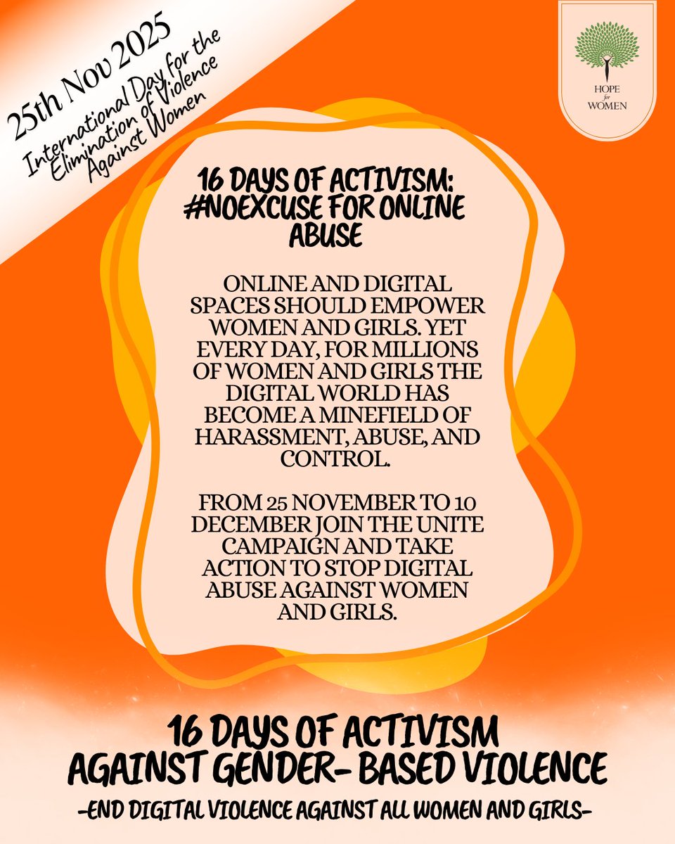 🧡 Today, 25 Nov, we mark the International Day for the Elimination of Violence Against Women and begin #16Days of Activism to 10 Dec, Human Rights Day.
Violence against women is a human rights issue.
Digital violence is real violence and it must end.
#NoExcuse #OrangeTheWorld