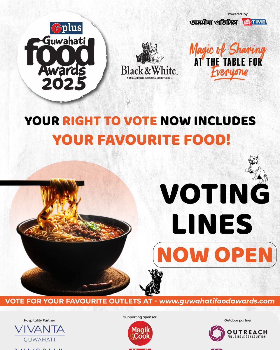 guwahatiplus's tweet photo. Guwahati, go vote!
Voting lines for Guwahati Food Awards 2025 are now OPEN.
Support your favourite restaurants, cafés, bakeries & street food stars.
Vote now at https://t.co/79iOzlR5Gk
#GuwahatiFoodAwards #GFA2025 #Guwahati #GPlus https://t.co/rELsklfpVs
