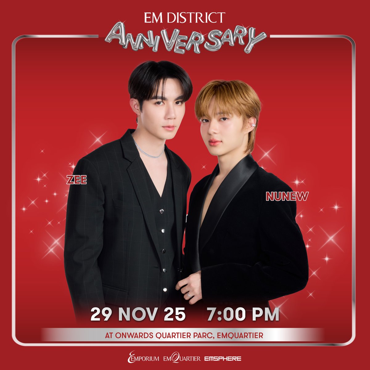 AfternoonZeeNew's tweet image. ◜Facebook : Emporium Emquartier⌇

🗓 : 25.11.2025

🎉 EM DISTRICT ANNIVERSARY 🎉

🗓 : 29.11.2025
⏰ : 7.00 PM
📍 : เอ็ม ดิสทริค ศูนย์การค้าเอ็มโพเรียม เอ็มควอเทียร์ เอ็มสเฟียร์

#EMDISTRICTANNIVERSARY

@zee_pruk @CwrNew
꒰ #ZeeNuNew #ซนซน ꒱
