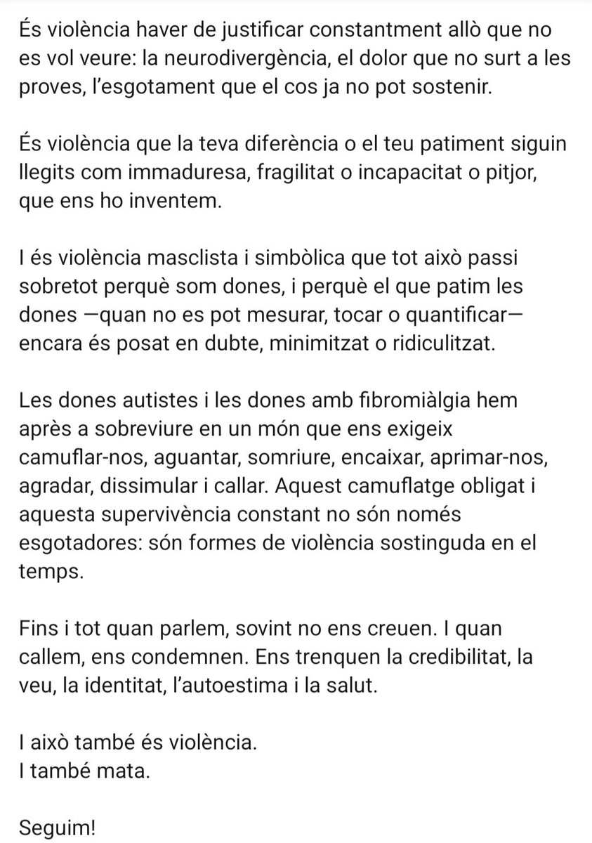 💜 25N · Violències que no es veuen, però que també maten

El que vivim les dones adultes autistes i les dones amb malalties invisibilitzades com la fibromiàlgia, en una societat que encara no ens veu, no ens llegeix i no entén la forma que té el món de fer-nos mal.

Seguim!