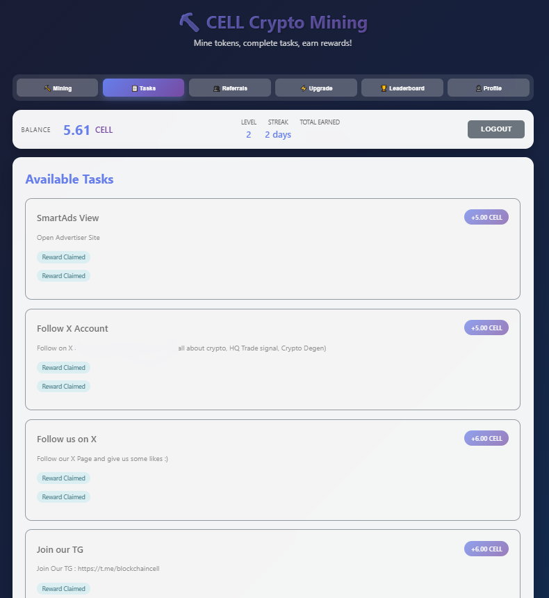 cell_blockchain's tweet photo. Simple Sign-Up with mail or connect wallet. Mine, Claim Bonus, Do Task (Follow on TG, X, visit Sites), Call Friends get 😍 Referral's 150tokens+% 
#AirdropCrypto #SolanaAirdrop #MiningApp https://t.co/f56fiRy7Ey