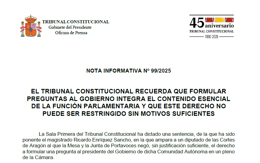 Nota de prensa | El Tribunal Constitucional recuerda que formular preguntas al gobierno integra el contenido esencial de la función parlamentaria y que este derecho no puede ser restringido sin motivos suficientes tribunalconstitucional.es/NotasDePrensaD…