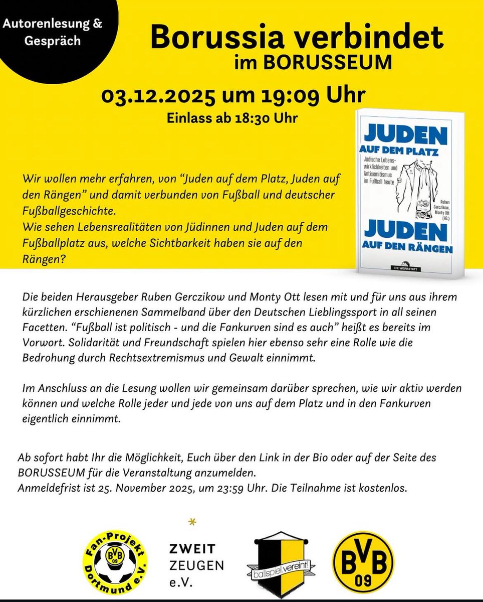 Am 3. Dezember kommen <a href="/MontyOtt/">Monty Ott</a> und ich nach Dortmund ins Borusseum. Auf Einladung vom <a href="/BVB/">Borussia Dortmund</a>, <a href="/fanprojektdo/">Fan-Projekt Dortmund</a>, ballspiel.vereint und den Zweitzeugen lesen wir um 19:09 Uhr aus „Juden auf dem Platz, Juden auf den Rängen”. Kommt vorbei! #BVB