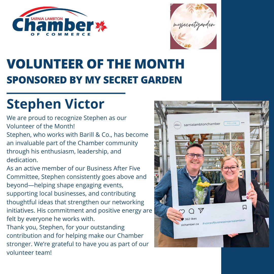 We are thrilled to celebrate Stephen Victor as our Volunteer of the Month, sponsored by My Secret Garden! 
As the Chair of our Business After Five Committee, he consistently goes above and beyond to support our initiatives. We’re grateful to have him as part of our team 🙌