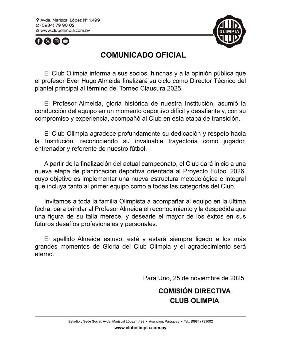 elClubOlimpia's tweet image. COMUNICADO OFICIAL - Comisión Directiva - 25/11/2025.