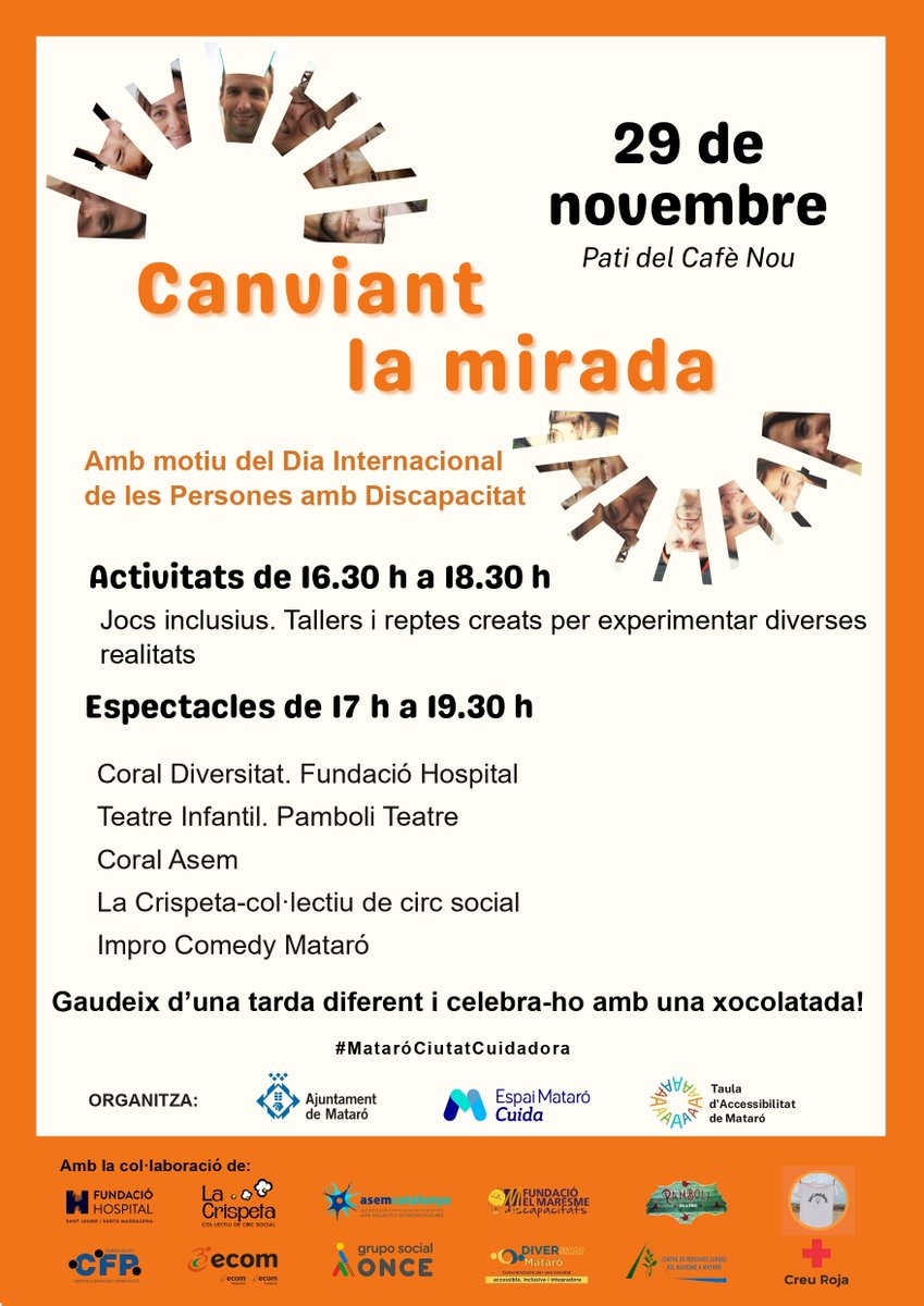 💙 Aquest dissabte 29/11, de 16.30 a 19.30 h, commemorem el Dia Internacional de les Persones amb Discapacitat (3 de desembre), al <a href="/barcafenou/">Bar Cafè Nou</a> (#Mataró).
Amb activitats inclusives, actuacions i presentació de la Taula d’Accessibilitat. 

Us hi esperem!
#MataróCiutatCuidadora