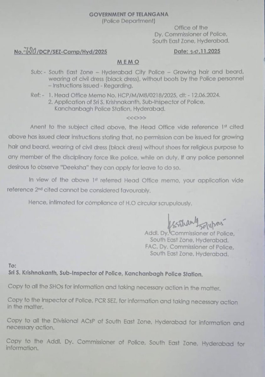 Hyderabad City Police has asked its officers who wish to undertake the sacred Ayyappa Deeksha to do so by taking leave, and not while on duty.

Is the Telangana Police Department now functioning under the diktats of AIMIM?

The same department grants special half-day concessions
