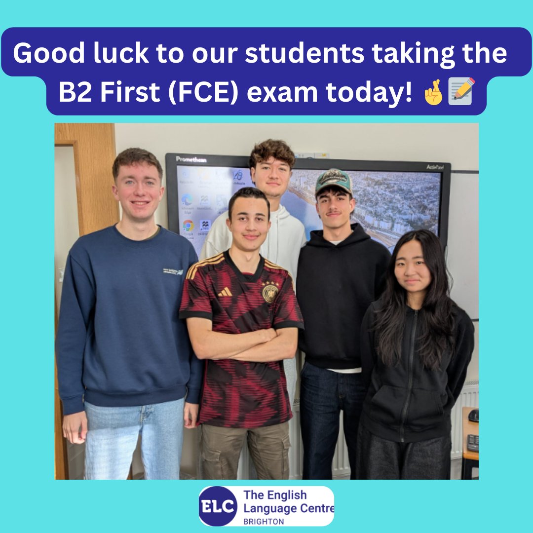 🎓✨ Good luck to our amazing students taking the Cambridge FCE test at ELC Brighton today! 

You've worked hard, and today’s your chance to shine. We’re all behind you!

#ELCBrighton #ELCGroup #ELCFamily
#FCE #CambridgeFirstExam
#IALC #TheEnglishNetwork #QualityEnglish