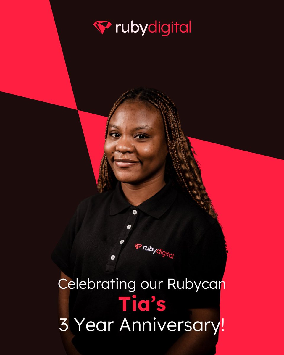 RubyDigitalSA's tweet image. We’re celebrating 3 amazing years with Tia! 🎉​

Your creativity, passion, and drive make the Rubyverse brighter every day. 💎​

Here’s to more milestones and continued growth! 🙌

#Rubyverse #RubyDigital #Rubycans #TeamRuby #WorkAnniversary