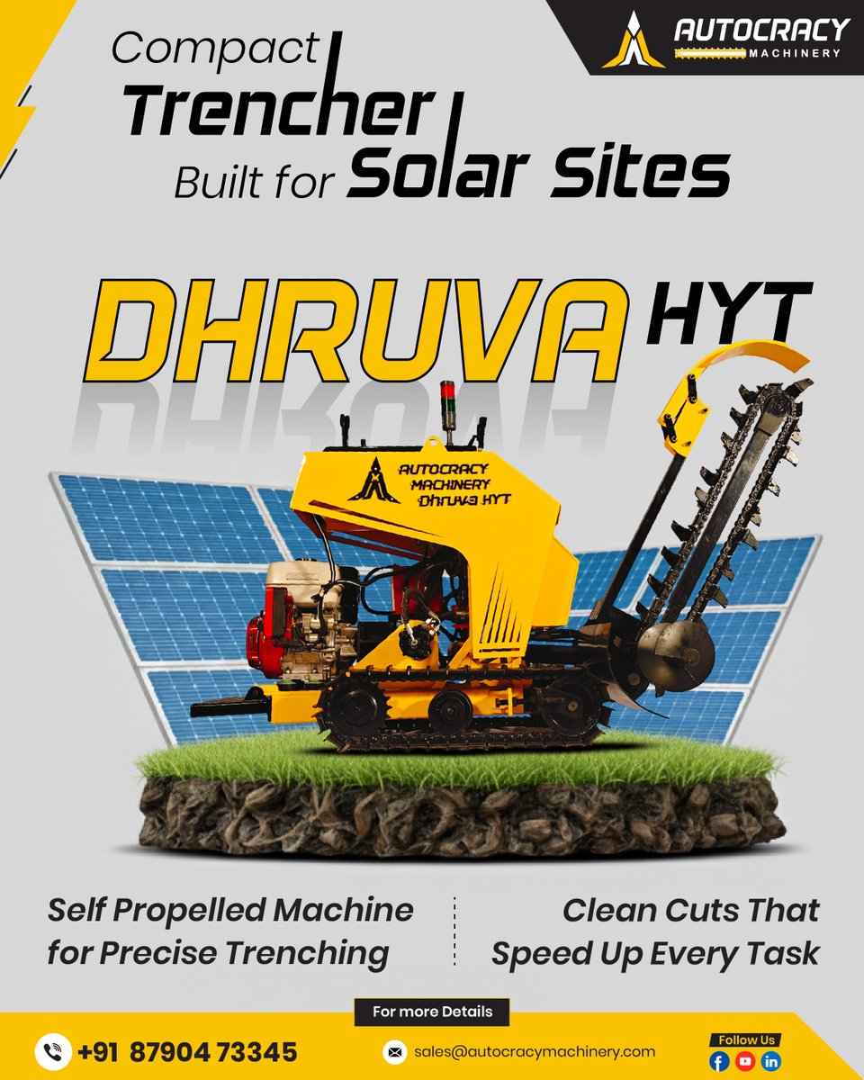aceautocracy's tweet image. DHRUVA HYT is engineered to speed up solar installations with accuracy and ease.

Connect With Us:
 Email: sales@autocracymachinery.com
Contact Us: +91 8790473345, +91 8977032342

#Minitrencher #SolarProjects #TrenchingMachine #SolarInfrastructure #AutocracyMachinery