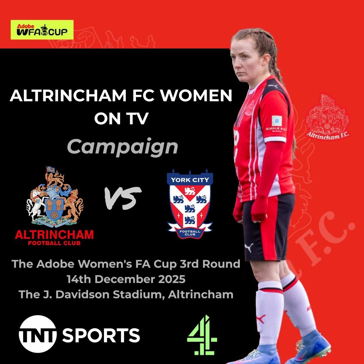 ALTY WOMEN ON TV CAMPAIGN

Altrincham FC Women have been the story of the <a href="/AdobeWFACup/">Adobe Women's FA Cup</a> so far

Everybody loves an underdog story - we're urging broadcasters <a href="/tntsports/">TNT Sports</a> and <a href="/Channel4/">Channel 4</a> to select us for TV coverage!

<a href="/altrinchamfc/">Altrincham FC</a> <a href="/AltrinchamFCW/">Altrincham FC Women</a> 
#YourTownYourClub #AdobeWomensFACup