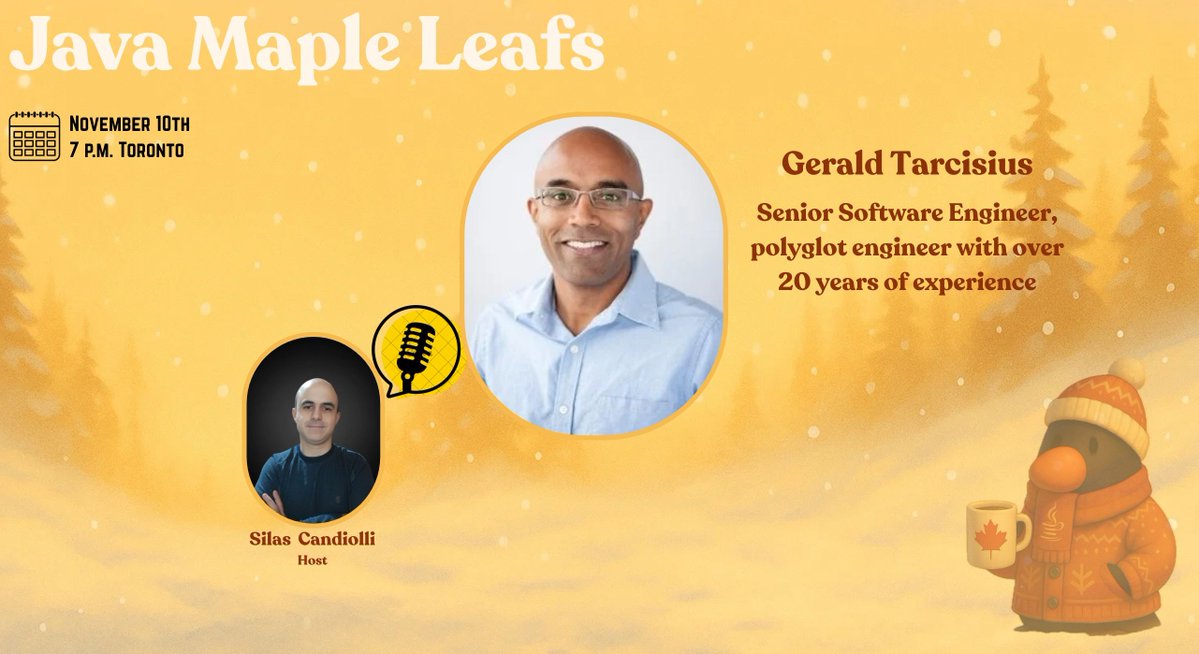 silascandiolli's tweet image. New Java Maple Leafs episode! With Gerald, a senior engineer with 25+ years exp.
Topics we hit:
💻 Monolith→microservices
🚀 Agile
🤝 Curiosity &amp;amp; humility in engineering
🤖 AI will change how we code

Watch here:youtube.com/live/t2j-bGe5T… 

#Java #SoftwareEngineering #TechPodcast