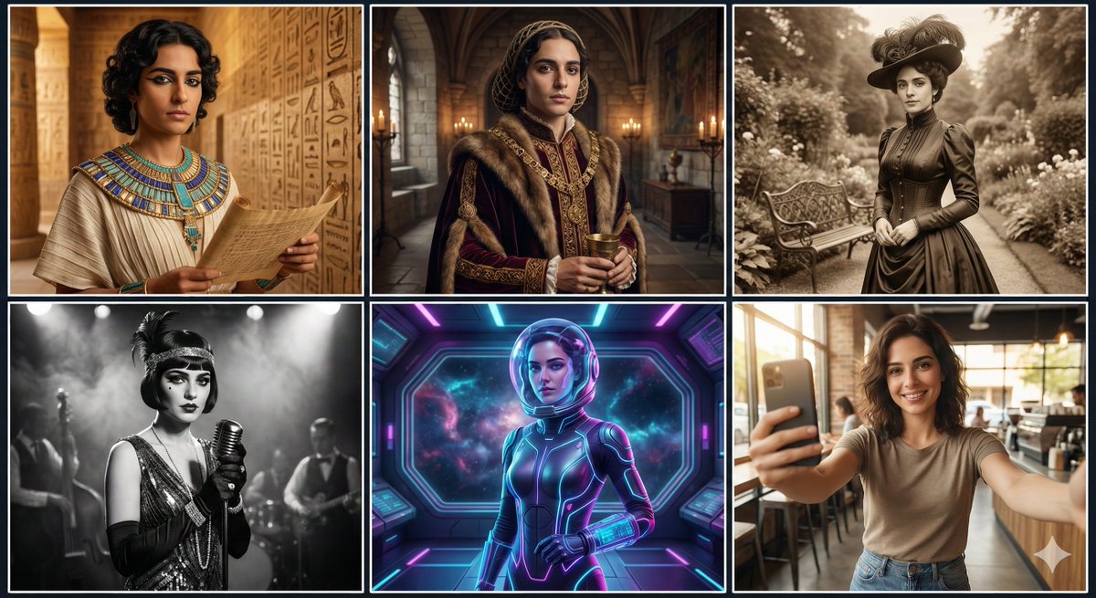 AIBananaGun's tweet image. If I had 6 lives across history 👀 Which era suits me best? #NanoBananaPro #ParallelLives

Prompt⤵️
Create a 2x3 grid showing me in 5 completely different parallel universe versions 
of myself from different historical periods:

Panel 1: Ancient Egypt (3000 BC) - Me as a…