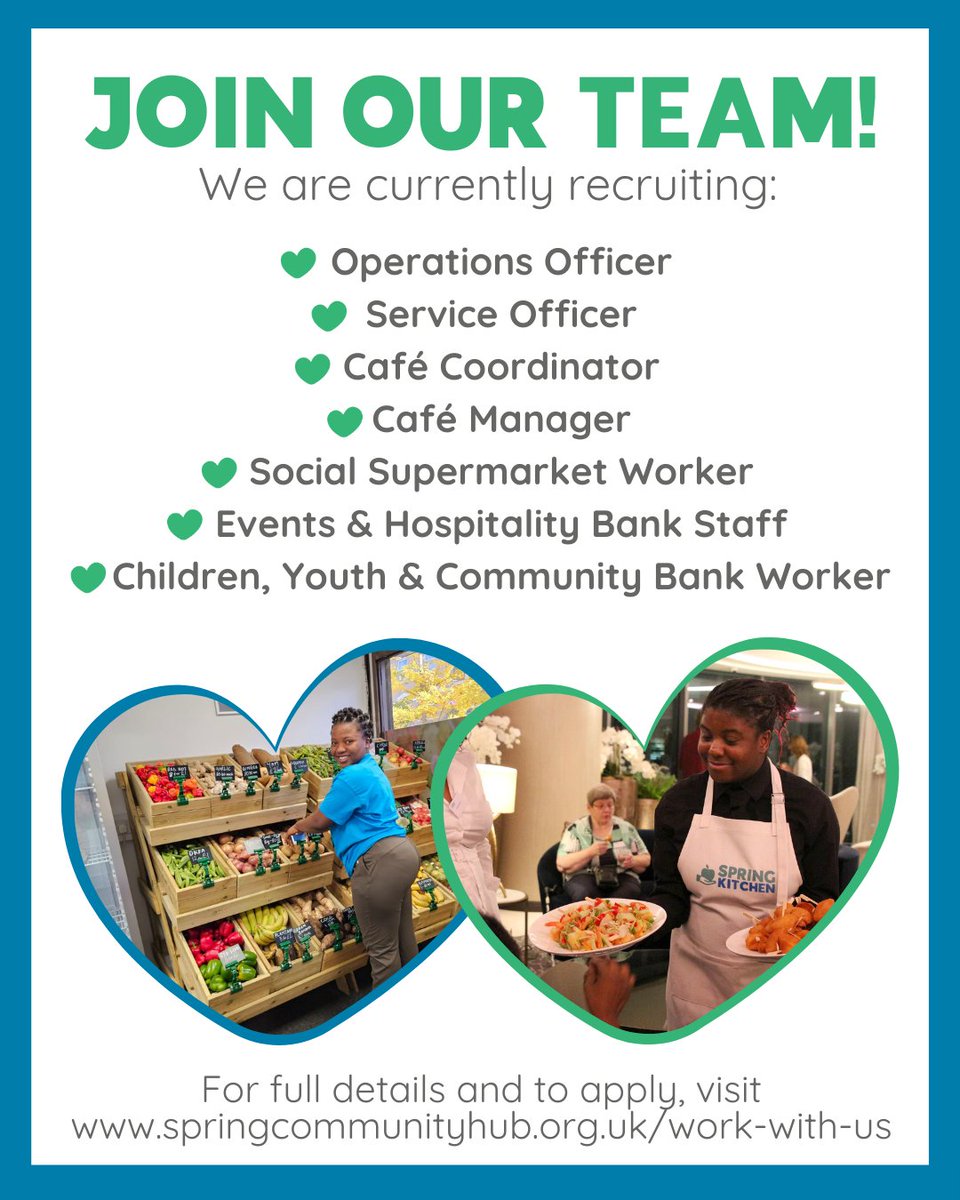 SpringCommHub's tweet image. We’re hiring! 

Multiple roles - from café and events staff to community and operations positions. If you’re passionate about supporting your local community, we’d love to hear from you!

👉 See all vacancies and apply at: springcommunityhub.org.uk/work-with-us