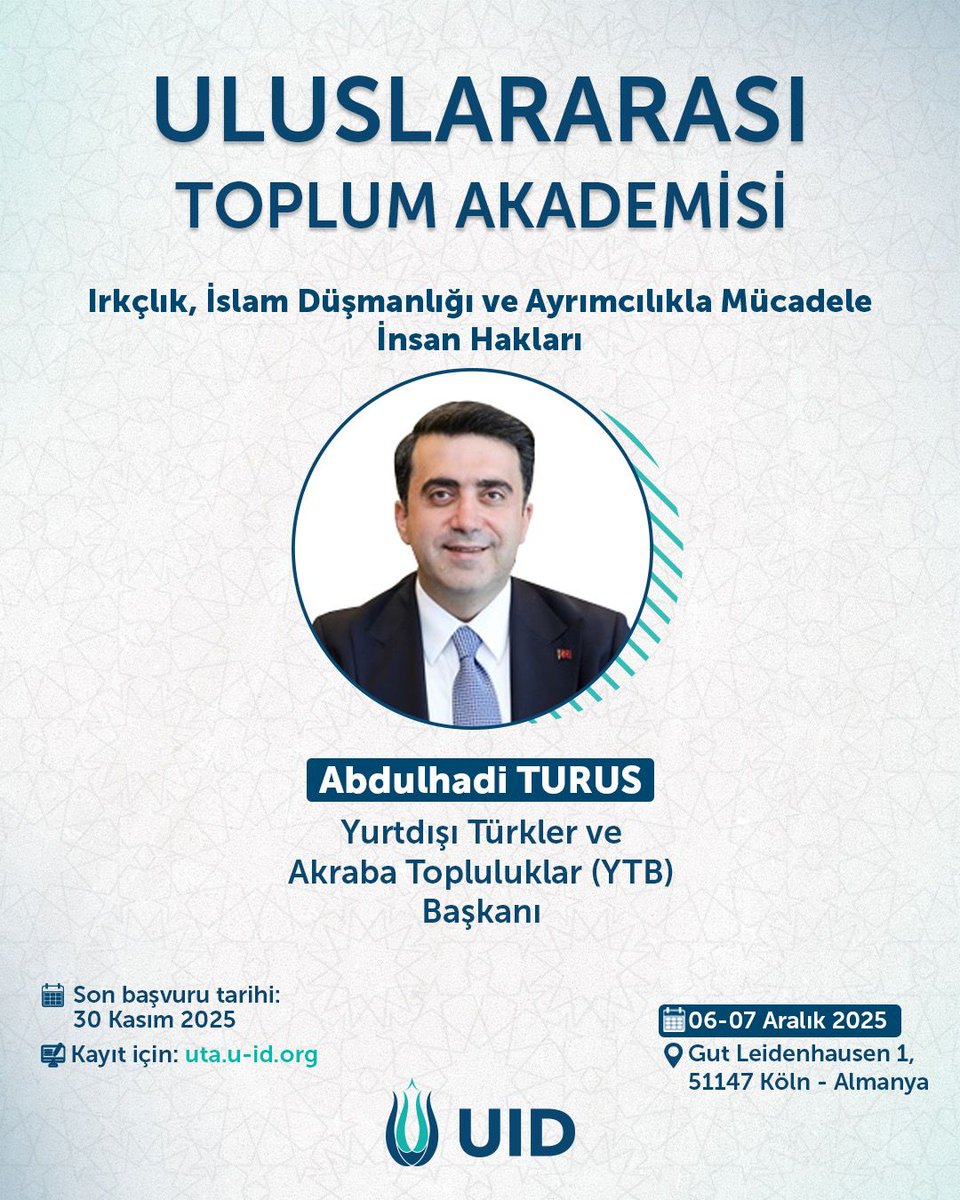 U_I_D's tweet image. 🎤 Abdulhadi Turus

Yurtdışı Türkler ve Akraba Topluluklar (YTB) Başkanı

📚 Konu Başlığı: Irkçılık, İslam Düşmanlığı ve Ayrımcılıkla Mücadele – İnsan Hakları
📝 Tanıtım:
Irkçılık ve İslam karşıtlığına ilişkin güncel veriler ve etkili mücadele stratejileri sunularak…
