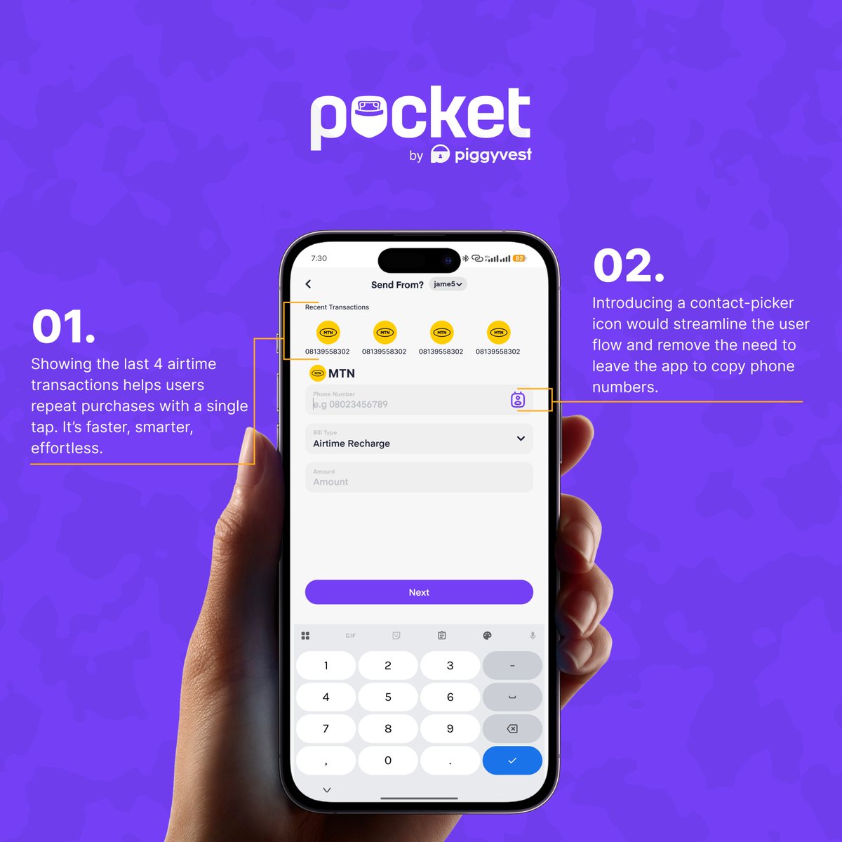 Hi <a href="/getpocketapp/">PocketApp</a> <a href="/piggyvest/">Piggyvest</a> you've got a mail 💌.

I designed two improvements that would boost the Airtime &amp; Data purchase experience on PocketApp✌🏽:
– A contact-picker icon for quick number selection
– A ‘Recent’ list so users can repeat airtime/data transactions with one tap.