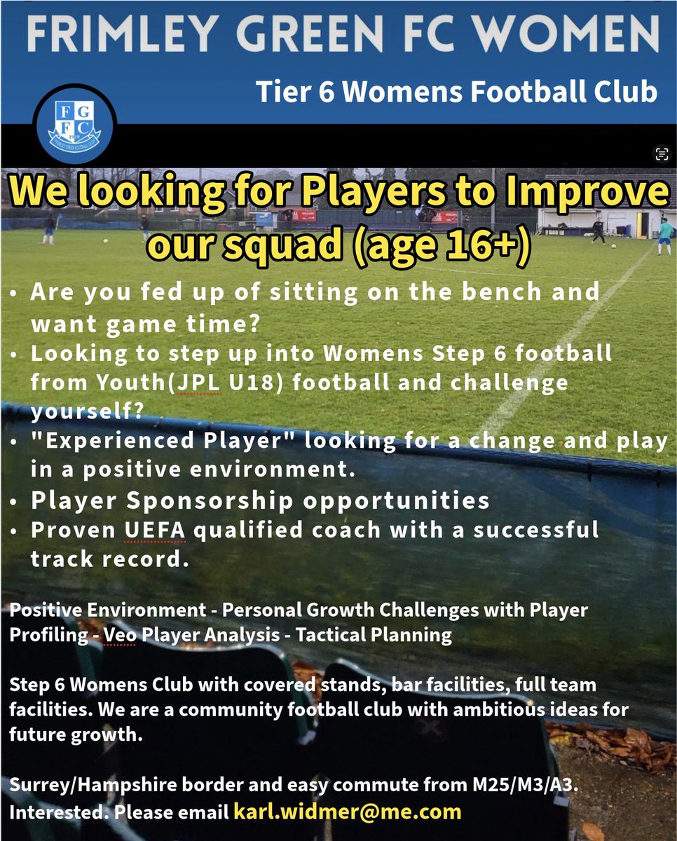 itsourgametoo's tweet photo. ⚽️ PLAYERS WANTED ⚽️

Would you love to join our community at Frimley Green Women FC, if so, now is your chance! 

Email - karl.widmer@me.com if interested! 

We have secured 3 strong players to our squad and looking to add at least another 3 committed players.

@TalkingWoSo @WomeninFootball @HerGameToo @ukwomenfootball