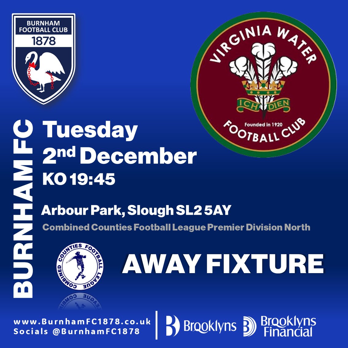 Burnham travel to Arbour Park to face Virginia Water FC (<a href="/vwfcofficial/">Virginia Water FC</a>) in our next <a href="/ComCoFL/">Combined Counties Football League</a> Premier Division North encounter.

Come and support the lads #COYB
Tuesday 2nd December,  KO 19:45
Arbour Park Community Sports Stadium SL2 5AY

#TheBurnsmen #TheBurners #Comeonyoublues