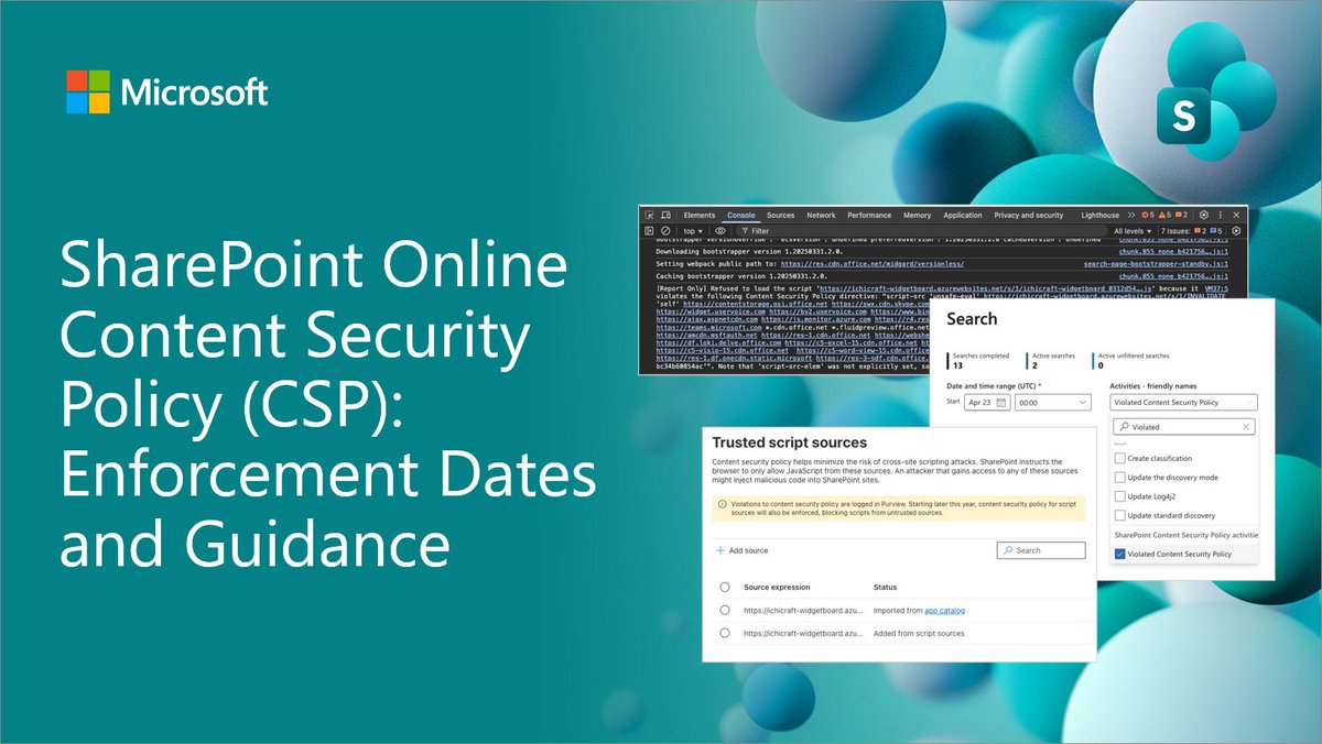 SharePoint's tweet image. ℹ  SharePoint Online Content Security Policy (CSP): Enforcement Dates and Guidance

• Enforcement on March 1, 2026 📅
• Impact for your SPFx solutions depends on implementation 🤔
• Preparation guidance 📖

Read more → msft.it/6018tnSHA

#SharePoint #Microsoft365 #SPFx