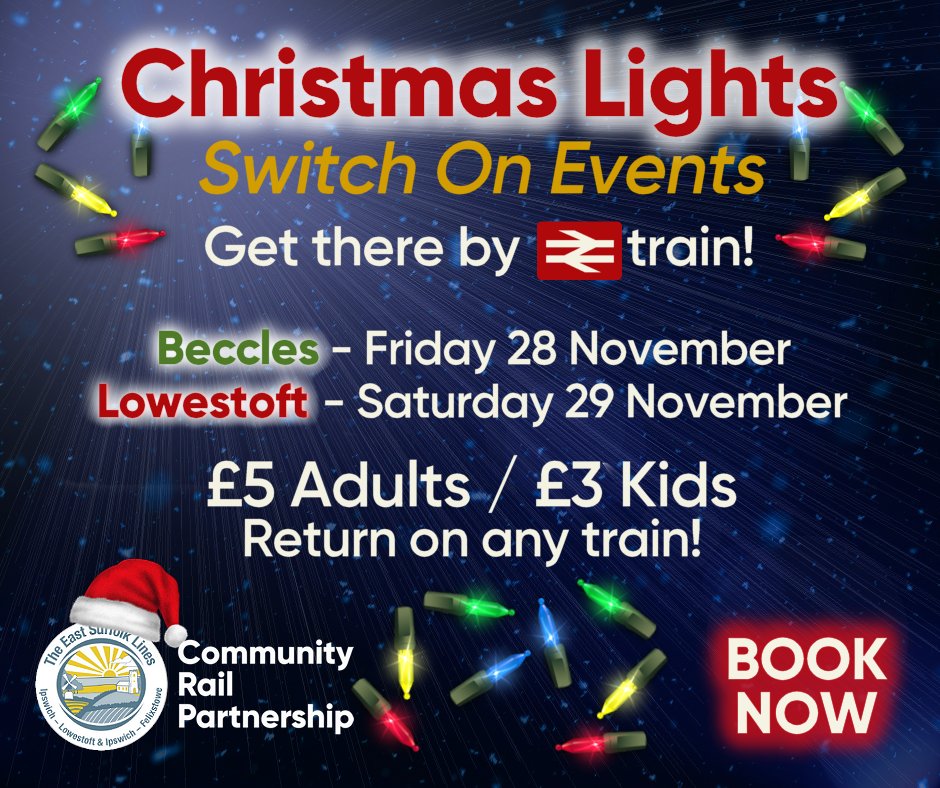 EastSuffolkLine's tweet image. Christmas Lights Switch-On Events this week. #Beccles Fri 28/11: Panto/street food/live music/kiddie rides. #Lowestoft Sat 29/11: Panto/stalls/live entertainment/nativity play/decorate the tree. Rail tickets £5 adults/£3 kids. Return on any train-Book now! railplus.greateranglia.co.uk/categories/com…
