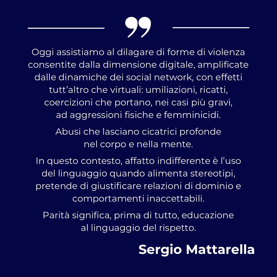 Quirinale's tweet image. Dichiarazione del Presidente Mattarella in occasione della Giornata internazionale per l’eliminazione della violenza contro le donne

Il testo completo: quirinale.it/elementi/145154
