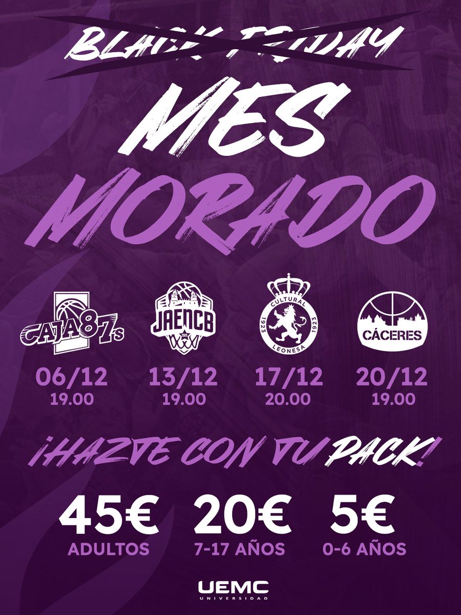 😏 ¿𝗕𝗹𝗮𝗰𝗸 𝗙𝗿𝗶𝗱𝗮𝘆? Aquí somos más de hacerlo en castellano y a lo grande: ¡𝗠𝗘𝗦 𝗠𝗢𝗥𝗔𝗗𝗢!

💜 ¡Hazte con tu PACK de cuatro partidos y disfruta de un diciembre lleno de basket!

👉 goo.su/UFqODyc

<a href="/UEMC/">UEMC</a> #BaloncestoValladolid