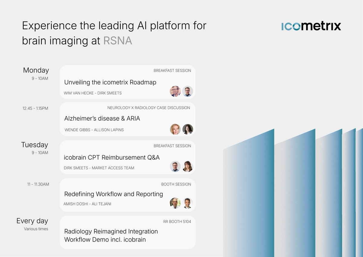 icometrix's tweet image. Get ready for one of the most insightful #RSNA25 programs we’ve brought to Chicago.  

These sessions fill up quickly 👉 Secure your seat or schedule your meeting at icometrix.com/rsna