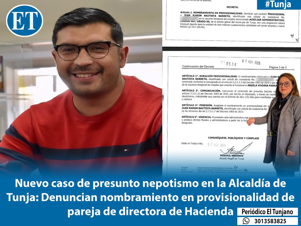 #Tunja 

𝐍𝐮𝐞𝐯𝐨 𝐜𝐚𝐬𝐨 𝐝𝐞 𝐩𝐫𝐞𝐬𝐮𝐧𝐭𝐨 𝐧𝐞𝐩𝐨𝐭𝐢𝐬𝐦𝐨 𝐞𝐧 𝐥𝐚 𝐀𝐥𝐜𝐚𝐥𝐝𝐢́𝐚 𝐝𝐞 𝐓𝐮𝐧𝐣𝐚: 𝐃𝐞𝐧𝐮𝐧𝐜𝐢𝐚𝐧 𝐧𝐨𝐦𝐛𝐫𝐚𝐦𝐢𝐞𝐧𝐭𝐨 𝐞𝐧 𝐩𝐫𝐨𝐯𝐢𝐬𝐢𝐨𝐧𝐚𝐥𝐢𝐝𝐚𝐝 𝐝𝐞 𝐩𝐚𝐫𝐞𝐣𝐚 𝐝𝐞 𝐃𝐢𝐫𝐞𝐜𝐭𝐨𝐫𝐚 𝐝𝐞 𝐇𝐚𝐜𝐢𝐞𝐧𝐝𝐚
