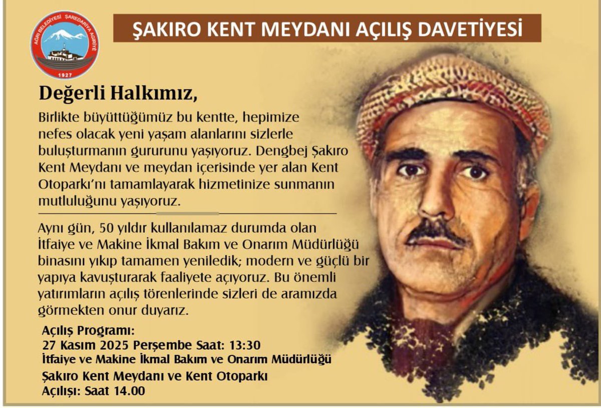 Gelê Me Yê Hêja,
Di vî bajarê ku me bi hev re mezin kiriye de, em şanaz in ku qadên nû yên jiyanê, ku dê ji hemûyan re bibin bêhn , digihînin we. Em kêfxweş in ku Qada Bajêr a Dengbêj Şakiro û Otoparka Bajêr a ku di nav qadê de cih digire temam kir û ji bo xizmetê pêşkêşî we