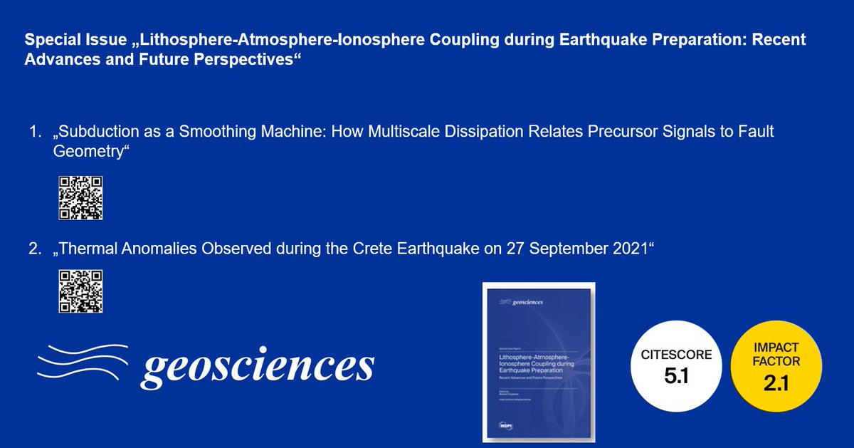 Geosciences_OA's tweet image. #PaperPromotion

📑 1. "Subduction as a Smoothing Machine: How Multiscale Dissipation Relates Precursor Signals to Fault Geometry"
🖇️ brnw.ch/21wXNRW

📑 2. "Thermal Anomalies Observed during the Crete Earthquake on 27 September 2021"

🖇️ brnw.ch/21wXNRV