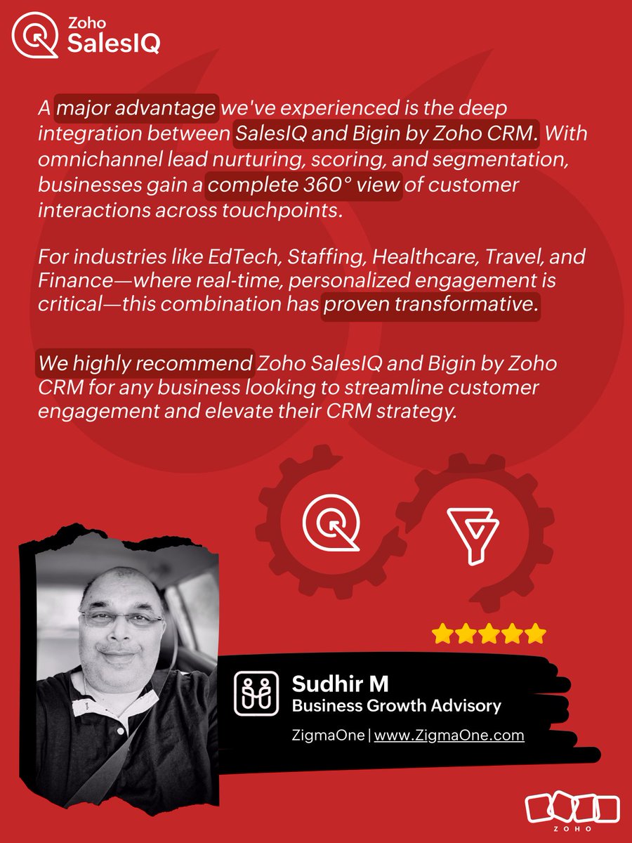 Sudhir M, Business Growth Advisory - <a href="/zigmaone/">ZigmaOne.com</a>, highlights the major advantage of integrating Zoho SalesIQ and <a href="/Bigin/">Bigin by Zoho CRM</a> by Zoho CRM: seamless omnichannel lead nurturing, scoring, and segmentation.

For any business needing real-time, personalized engagement (especially in
