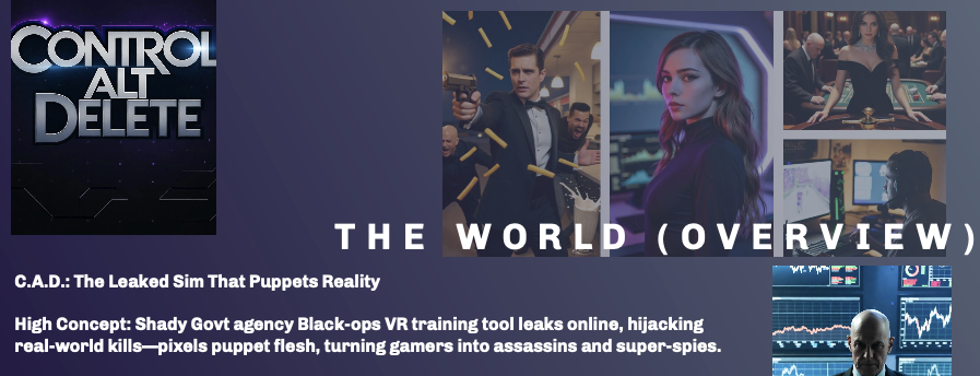 Querying for my 1hr Tv pilot Control-Alt-Delete -(C.A.D.) is a one-hour action-thriller series about a crew of broke, dysfunctional gamers who accidentally hijack a black-ops VR training program, only to discover every “game” kill is being executed in the real world, forcing them