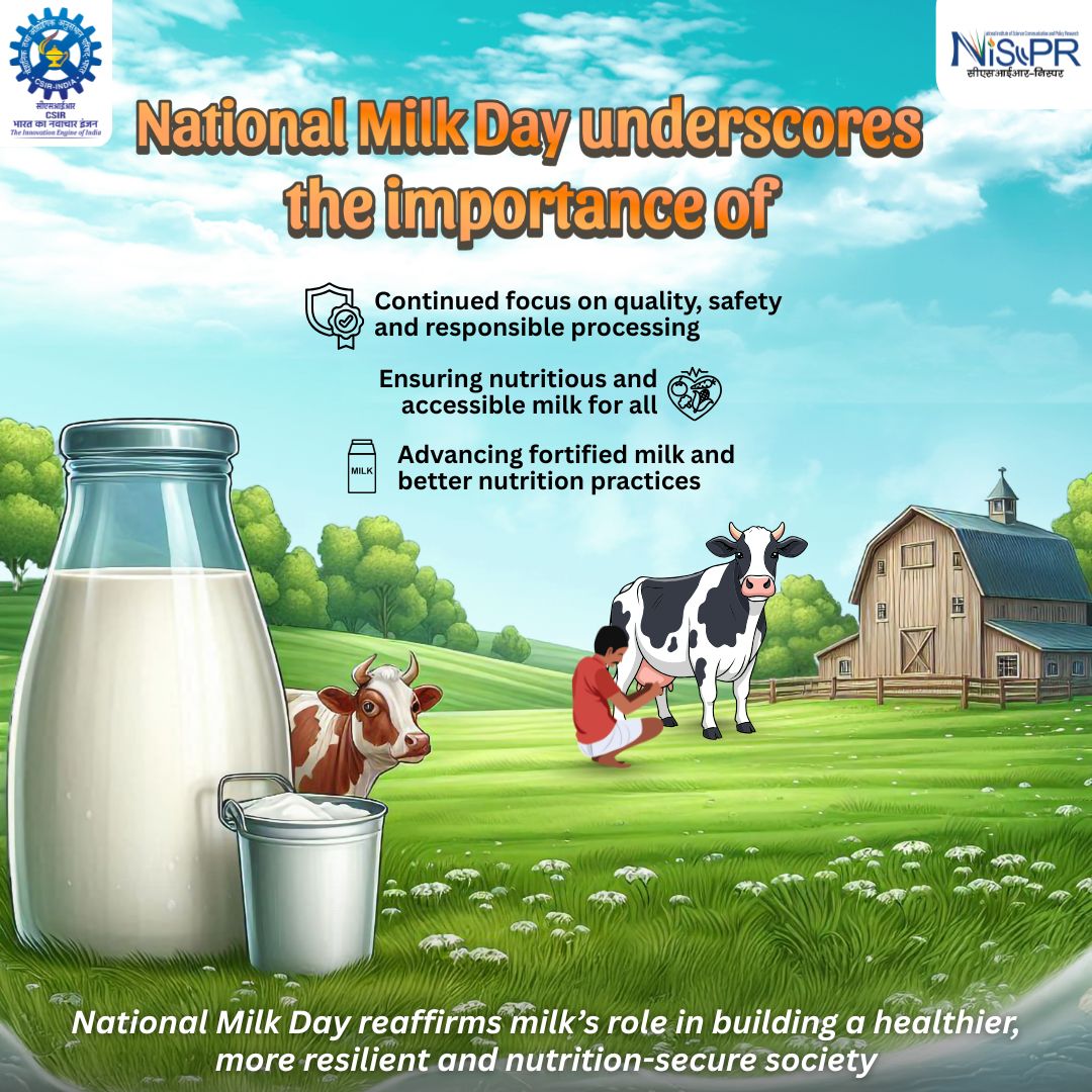 CSIR_NIScPR's tweet image. Celebrating #NationalMilkDay2025🥛

Honouring Dr. Verghese Kurien, the Father of the #WhiteRevolution and India’s journey as a global dairy leader.

From boosting nutrition and strengthening rural livelihoods to advancing innovation in dairy technologies, milk continues to…