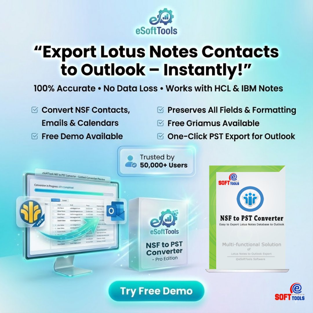 esofttools's tweet image. Exporting Lotus Notes contacts to Outlook just got easier!
Use eSoftTools NSF to PST Converter Software for fast, accurate, and secure migration.
No data loss. 
🚀esofttools.com/nsf-to-pst-con…  
#NSFtoPST #LotusNotes #OutlookMigration #EmailConversion #eSoftTools #Trending #Tuesday