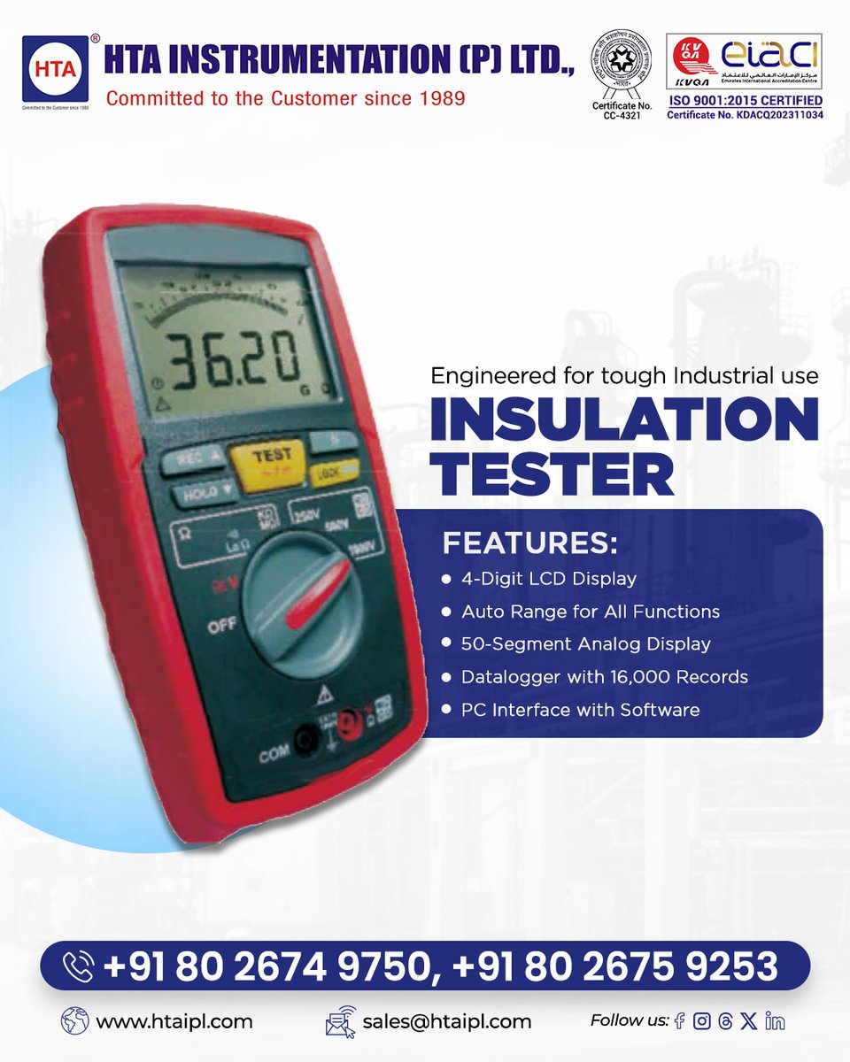 htaipl's tweet image. Built to perform in the toughest industrial environments, the HTAIPL Insulation Tester delivers precise, reliable, and efficient insulation measurements.

📲 Call: + 91-80-26749750, + 91-80-26759253
🌐htaipl.com/shop/portable-…

#HTAIPL #InsulationTester #ElectricalTesting