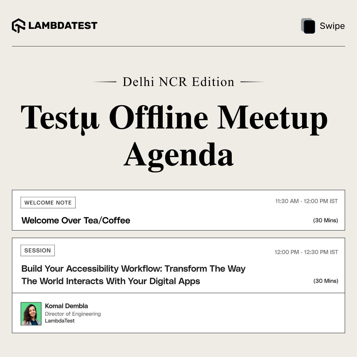lambdatesting's tweet image. The agenda for our #TestMuConf offline meetup - Noida🔗 bit.ly/4pohUM2

just dropped… and it’s 🔥

Mark your sessions ⬇️⬇️

Exploring #GenAI testing, leveling up automation, or looking to connect with the community - this meetup has something for everyone.🤝

📅 29…