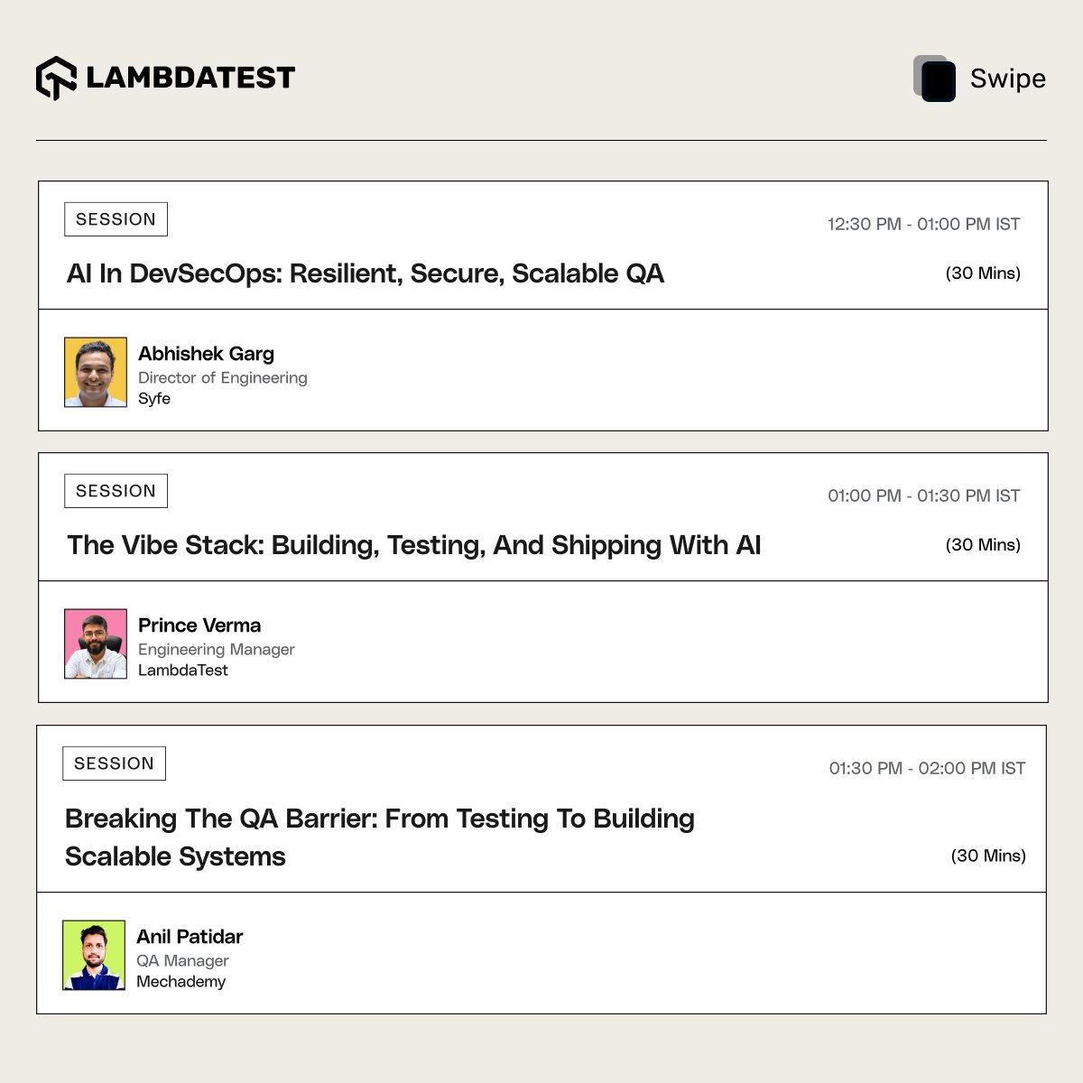 lambdatesting's tweet image. The agenda for our #TestMuConf offline meetup - Noida🔗 bit.ly/4pohUM2

just dropped… and it’s 🔥

Mark your sessions ⬇️⬇️

Exploring #GenAI testing, leveling up automation, or looking to connect with the community - this meetup has something for everyone.🤝

📅 29…