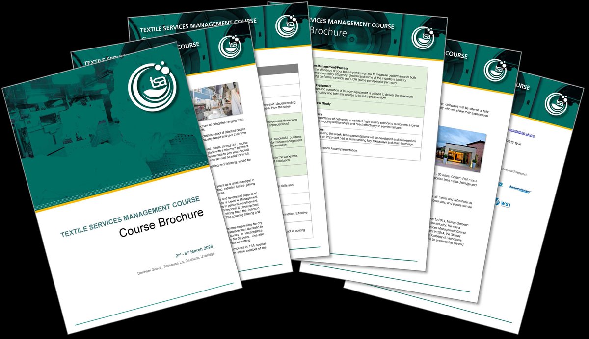 TextileServices's tweet image. Textile Services Management Course (TSMC)  2nd - 6th March 2026 - Bookings are now open!
 
More information about the course can be found here: tsa-uk.org/tsa-training/ 

#textileservices #laundry #workwear #healthcare #hospitality #tsmc #training