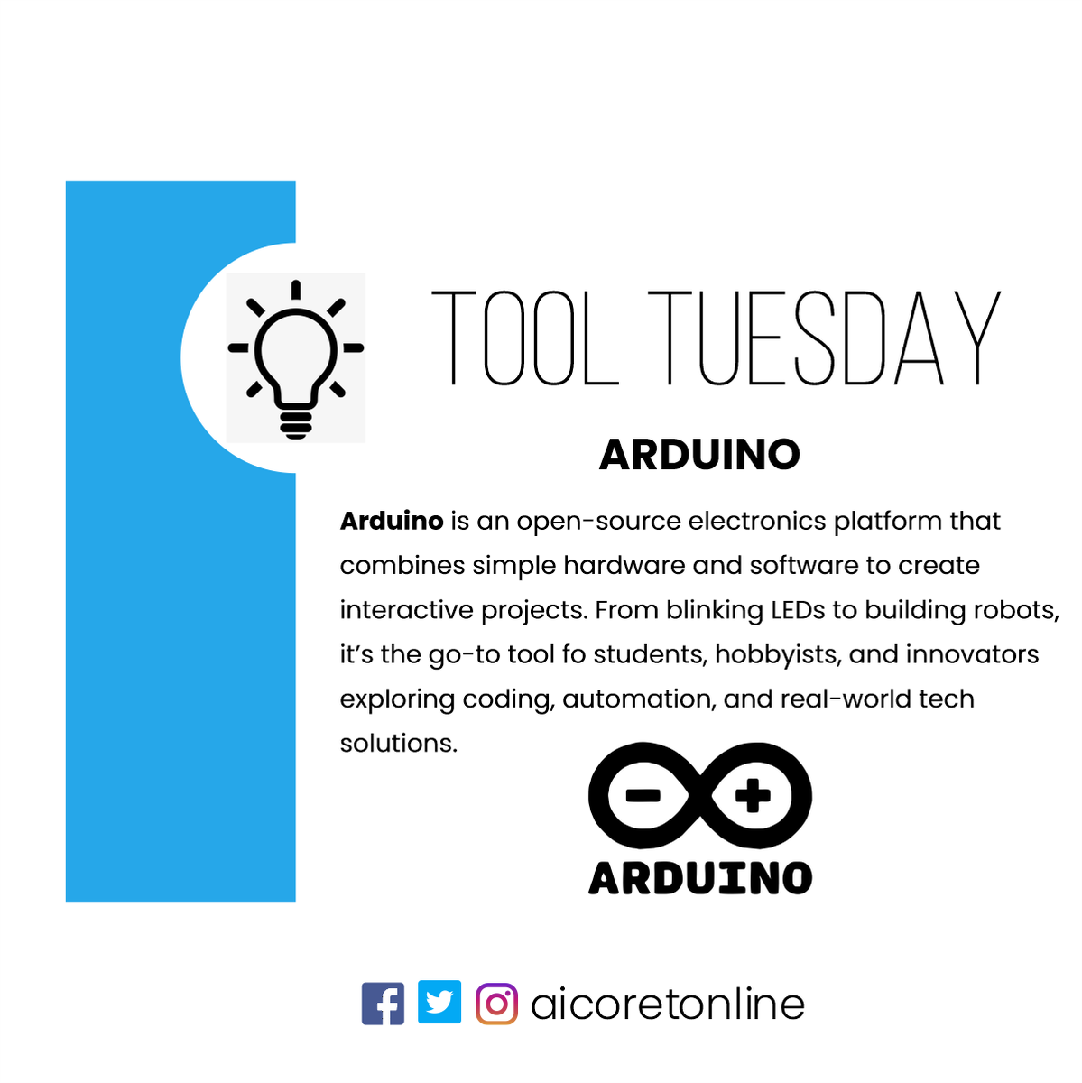 aicoretonline's tweet image. Tool of the day &quot;Arduino&quot;
#roboticsengineering #arduinoeduvision #aicoretonline #tuesdayvibe