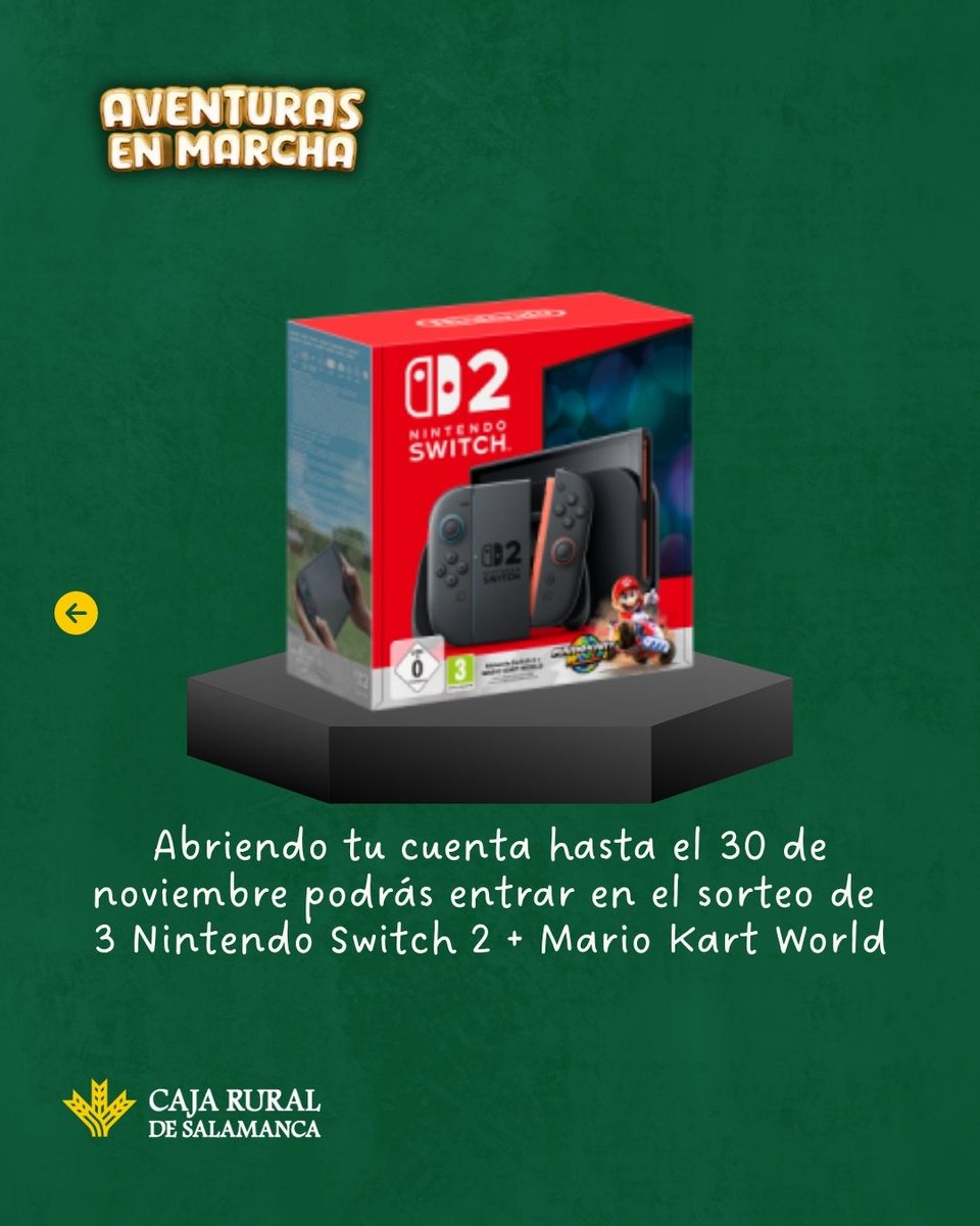 ¡Nunca es demasiado pronto para ahorrar! 🫰 

🎁 Si tienes un hijo menor de 13 años, apúntale al Club En Marcha para que, además de disfrutar de una amplia gama de productos, ¡entre en el sorteo de 3 Nintendo Switch 2 y el juego de Mario Kart World!

🔗cajaruralsalamanca.com/particulares/p…