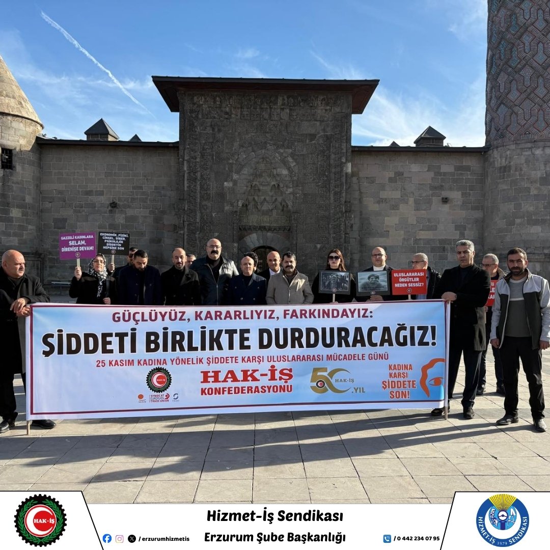 HAK-İŞ Erzurum İl Başkanlığı olarak
“Kadına Şiddete Hayır”  dedik.
Omuz omuza Şiddeti durduracağız! 
Dünyada ve Filistin’de  kadınların gördüğü şiddet, uluslararası sorumluluğu hatırlatıyor.
Sesini yükselten tüm emekçilere saygıyla… <a href="/TuvancOguzhan/">Oğuzhan Tuvanç</a> <a href="/EmrullahCengiiz/">EmrullahCengiz</a>