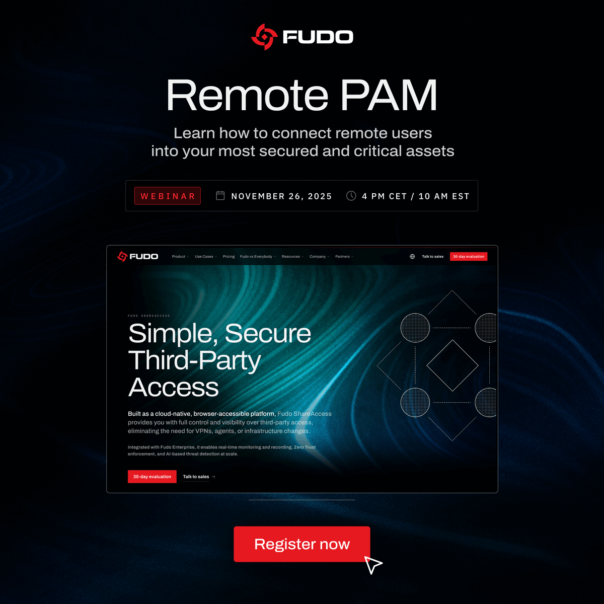FudoSecurity's tweet photo. We invite you to join our upcoming webinar on Remote PAM, where we will demonstrate how to securely connect remote users and external vendors to critical systems—quickly, in a controlled manner, and without using VPNs or installing agents.

📅 November 26, 2025
⏰ 4 PM CET / 10 AM EST
🔗 https://t.co/S2CyGzcdRZ

The session will cover:
- establishing browser-based access and controlled entry points for third-party users,
- onboarding external vendors in minutes, including permission assignment and session initiation,
- monitoring, recording, and reviewing activity performed by external entities,
- isolating vendor sessions from internal infrastructure,
- a practical demonstration of connecting a remote vendor to a target system through Fudo ShareAccess.

This webinar is intended for security engineers, PAM administrators, infrastructure teams, and IT leaders responsible for supervising remote access provided to service providers, contractors, and external support personnel.

🎤 Speaker:
Marcin Rdzanek, Presales Engineer, Fudo Security
🔗 Registration link: https://t.co/S2CyGzcdRZ