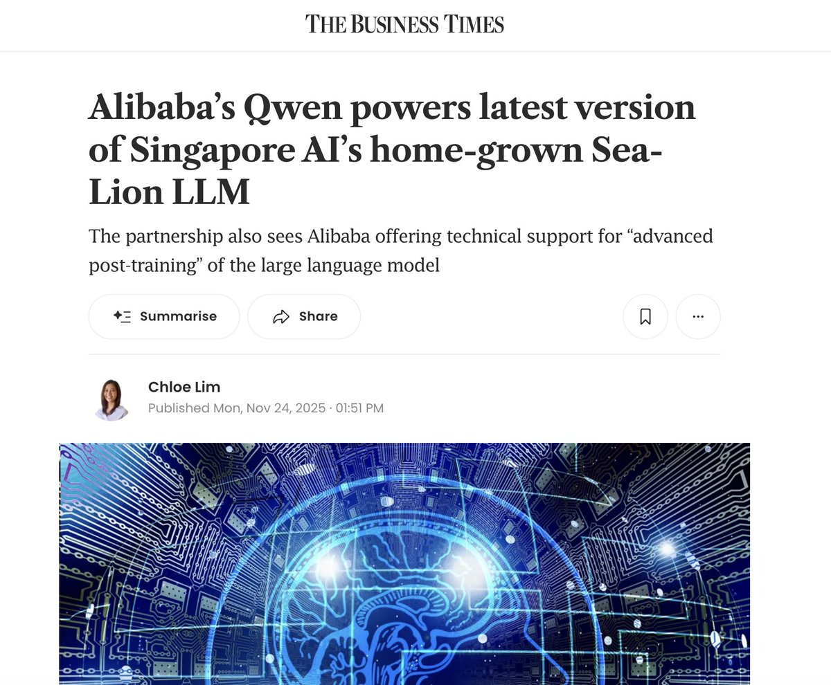 rockyfu's tweet image. SG just ditched Meta&apos;s #Llama for #Alibaba&apos;s Qwen to build their national AI model.

- SG cared about performance
- &quot;best AI = Silicon Valley&quot; perception is dying

We&apos;re entering multipolar AI. Dif regions picking dif models based on what actually performs. #opensource #AI #LLMs