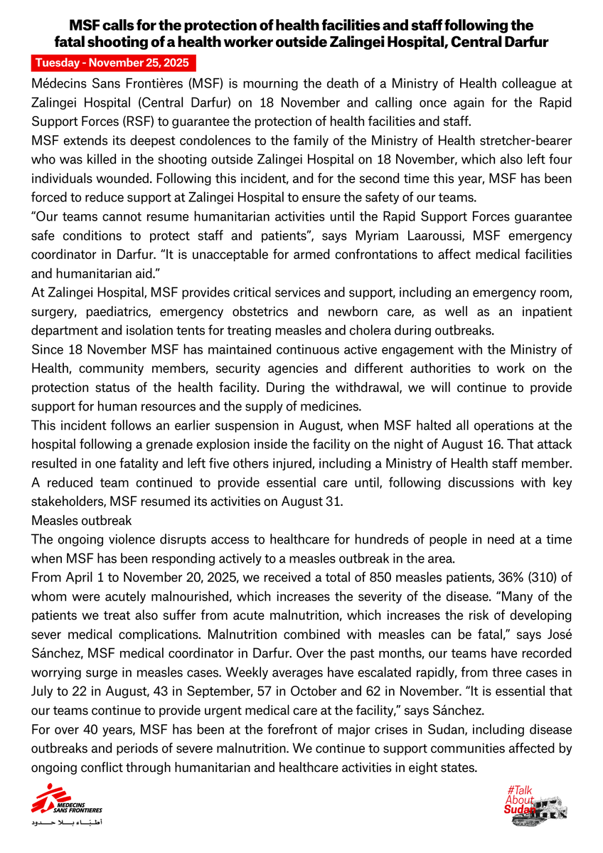 MSF_Sudan's tweet image. Central Darfur📍We call for the protection of health facilities and staff after the fatal shooting of a MOH stretcher-bearer outside Zalingei Hospital. Following the incident, and for the second time this year, @MSF  has been forced to reduce support there to keep our teams safe.