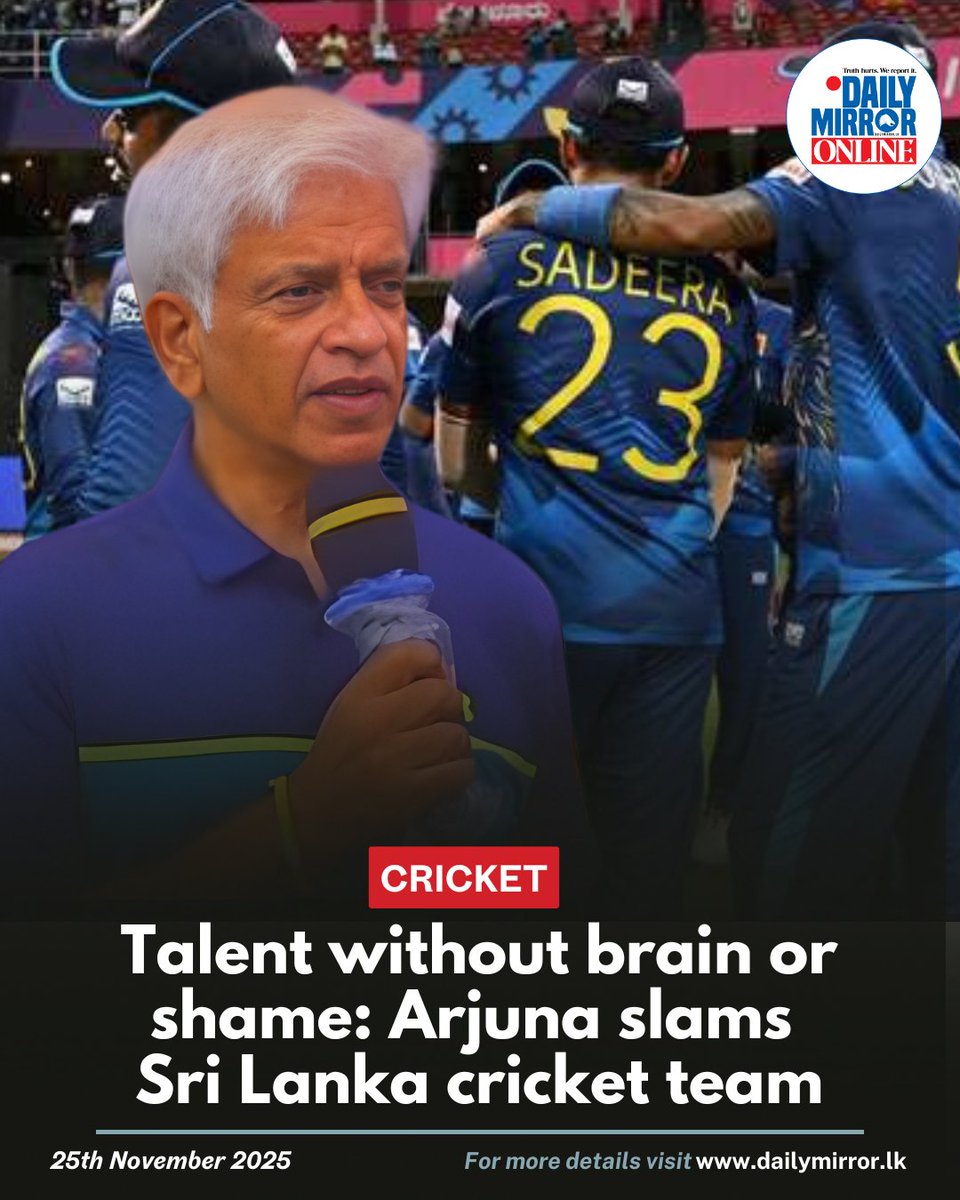 Dailymirror_SL's tweet photo. Former Sri Lanka cricket captain Arjuna Ranatunga criticised the current national team, saying the players possess talent but lack the brains to play intelligently and the shame to accept defeat gracefully.

More on this story: https://t.co/A0UQCTVxFH https://t.co/OuzFVjCHdG