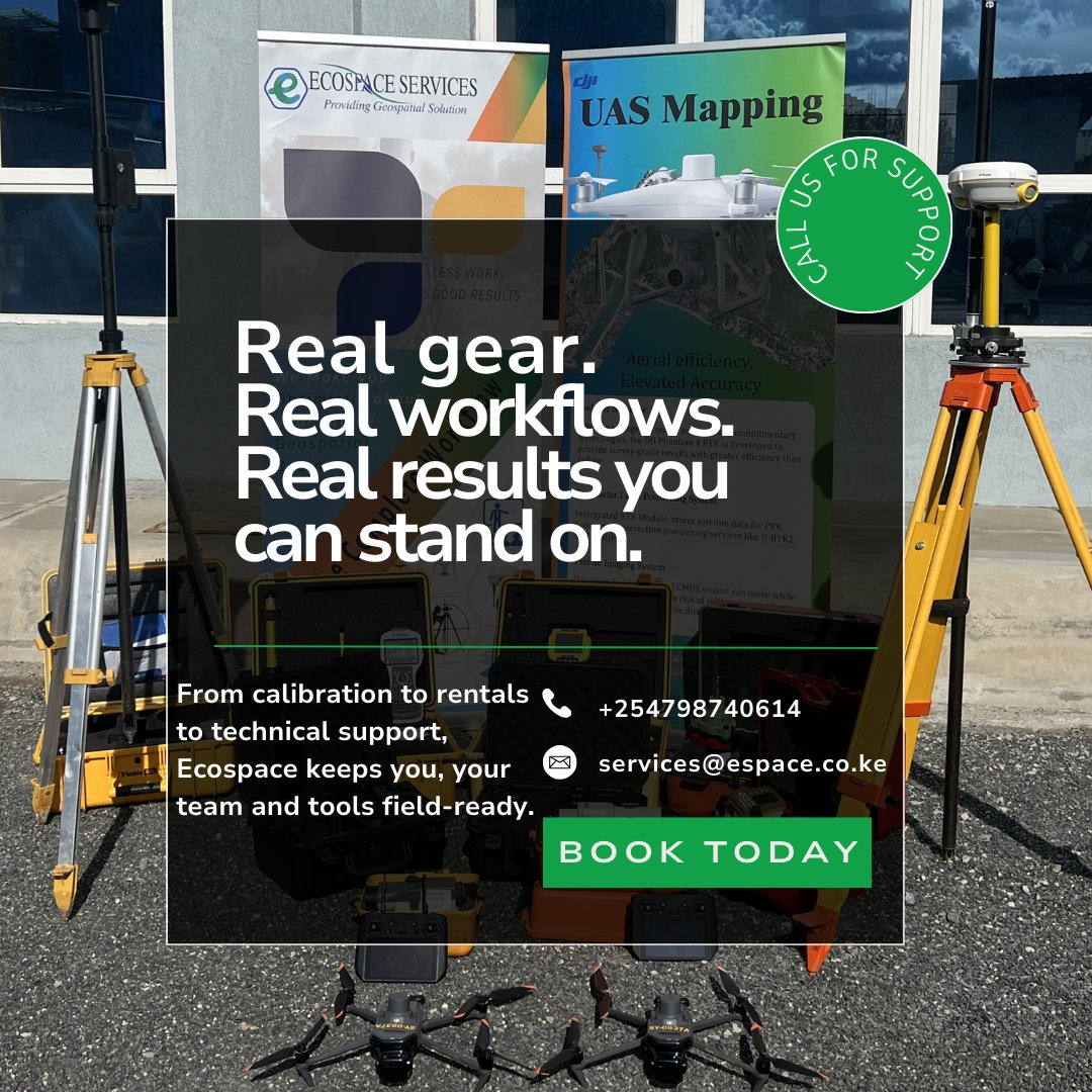 EcospaceLimited's tweet image. Good data starts with good tools.
We calibrate, rent out, and support the GNSS gear professionals rely on every day.
Ecospace keeps your fieldwork moving.

📧 services@espace.co.ke | 📞 0798 740614

#GNSS #Surveying #Mapping #FieldAccuracy #EquipmentSupport #Survey #Geospatial